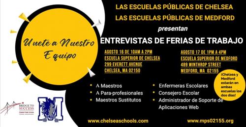 Información sobre las entrevistas de ferias de trabajo con Las Escuelas Públicas de Chelsea y Medford